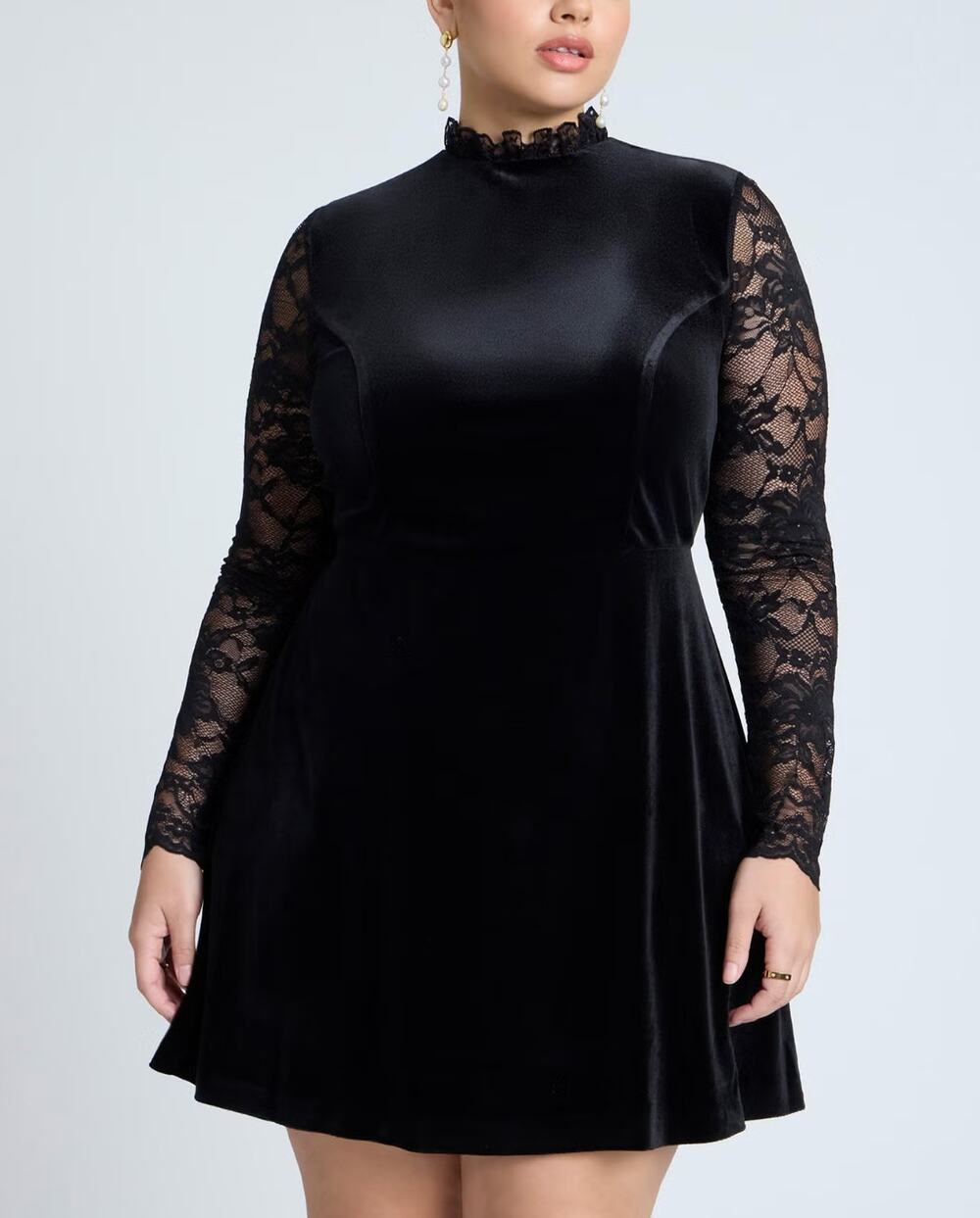 Eloqui Womens Velvet Mini Dress 18 Plus Size Black Lace Sleeve Cocktail Romantic
